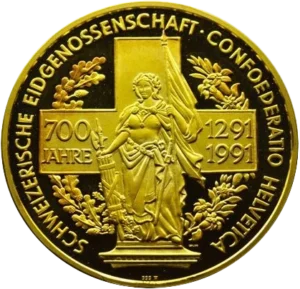 Allégorie de la Suisse devant la croix, tenant faisceau et drapeau, entourée d'une couronne de chêne et de fleurs.