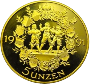 Trois gardes suisses entourés d'une couronne composée de végétaux et des blasons des cantons suisses.