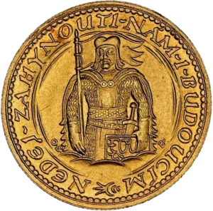 Lion debout avec blason sur la poitrine, légende autour.