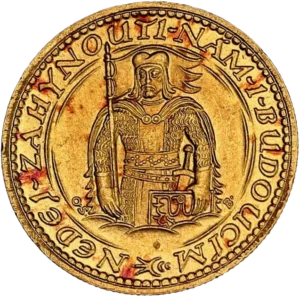 Lion debout avec blason sur la poitrine, légende autour.