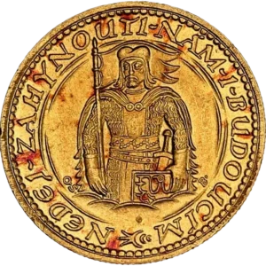 Lion debout avec blason sur la poitrine, légende autour.