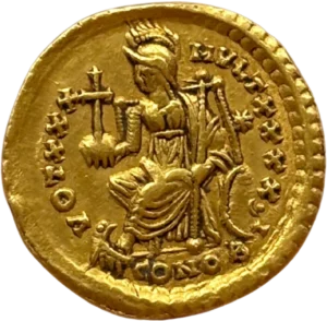 Constantinople assise à gauche, casquée et drapée, le pied droit posé sur une proue de navire, tenant un globe crucigère et un sceptre ; derrière, un bouclier.