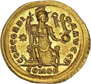 L'Allégorie de la ville de Constantinople assise, tenant une victoriola et une lance.