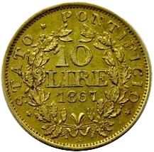 Dans une couronne, en trois lignes : 10/ LIRE/ 1867.