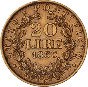 L'inscription 20 lires 1866 dans une couronne végétale.