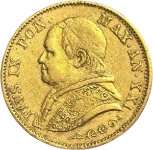 L'inscription 20 lires 1866 dans une couronne végétale.