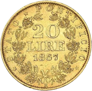L'inscription 20 LIRE 1867 dans une couronne de lauriers et d'oliviers.