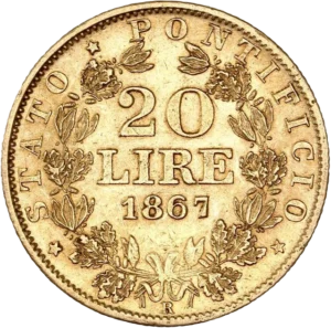 L'inscription 20 LIRE 1867 dans une couronne de lauriers et d'oliviers.