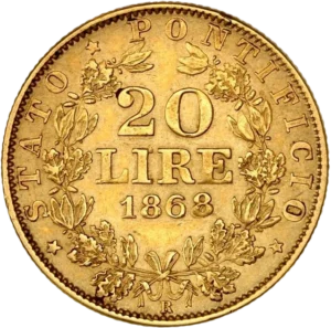 20 lires 1868 dans une couronne végétale.