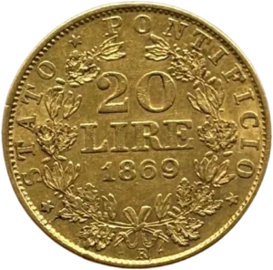 20 lire 1869 dans une couronne végétale.