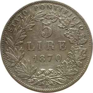 5 lire 1870 dans une couronne de laurier.