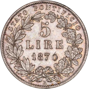 5 lires dans une couronne de laurier.