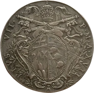 La Sainte Vierge assise, tenant des clés de la main droite et une église sur un nuage de la main gauche.