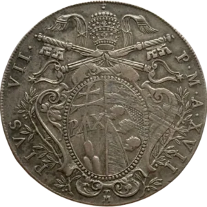 La Sainte Vierge assise, tenant des clés de la main droite et une église sur un nuage de la main gauche.