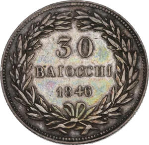 30 baiocchi 1846 dans une couronne de laurier.