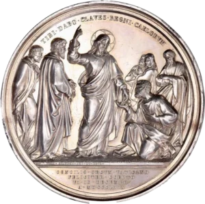 Scène religieuse montrant Jésus, entouré de ses apôtres, remettant les clés du Paradis à Saint Pierre.