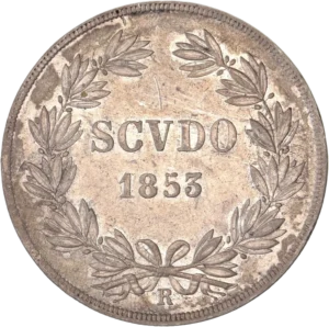 Scudo 1853 dans une couronne de laurier.
