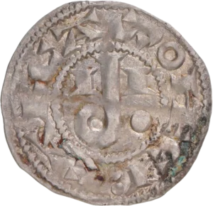 Croix traversant la légende et entourée de besants et croissants de lune.