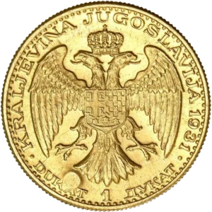 Aigle bicéphale couronné et tenant un blason.